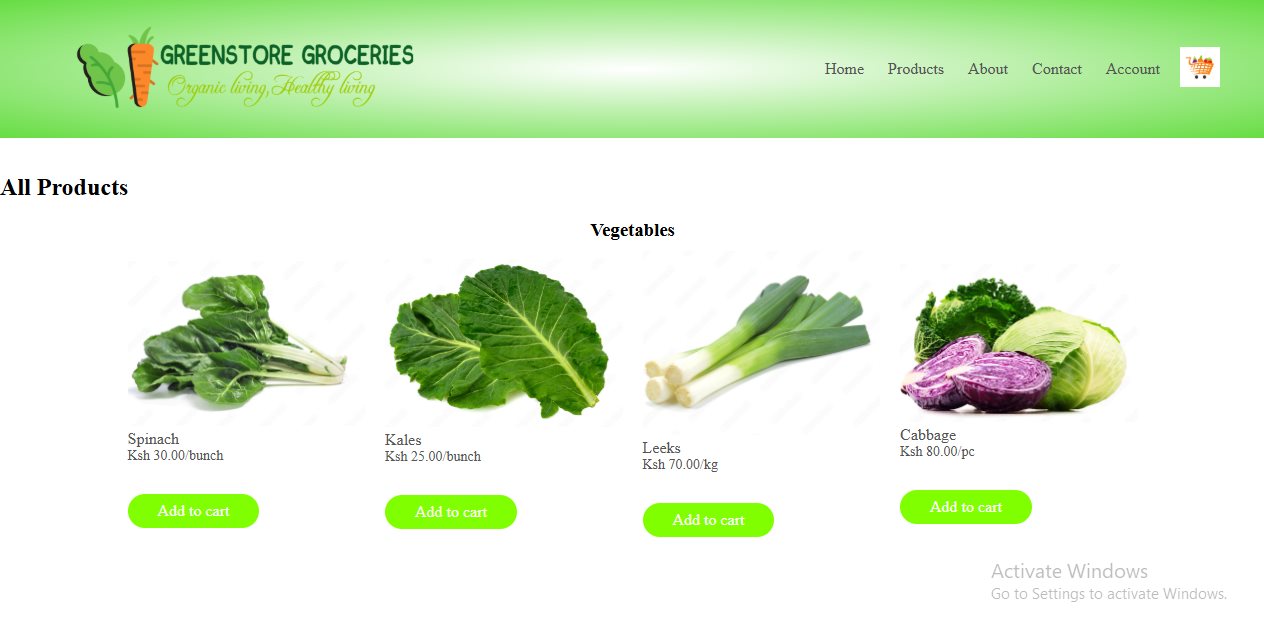 GreenStore Groceries product catalog showing vegetables with prices and Add to Cart buttons