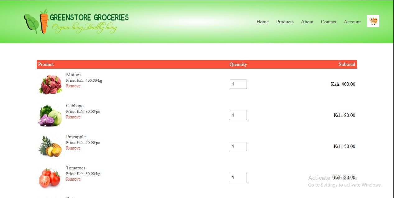 GreenStore Groceries shopping cart showing selected items, quantities, and subtotals