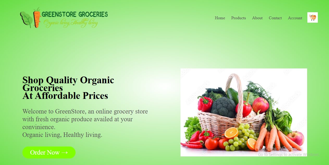 GreenStore Groceries homepage hero promoting organic produce with an Order Now button