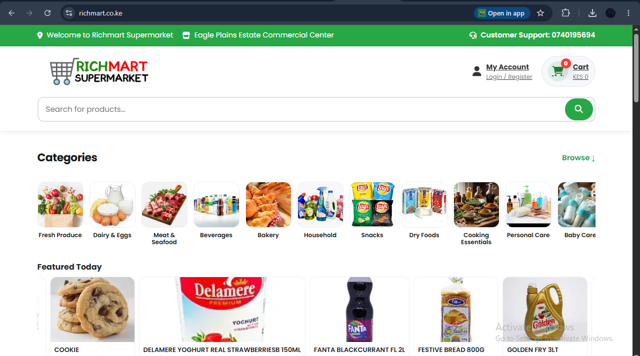 Richmart Supermarket storefront showing product categories and featured items