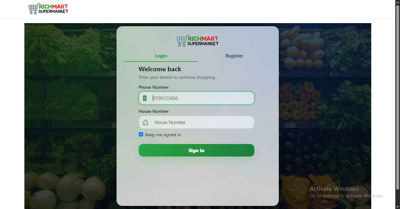 Richmart passwordless login screen using phone number and house number instead of a password