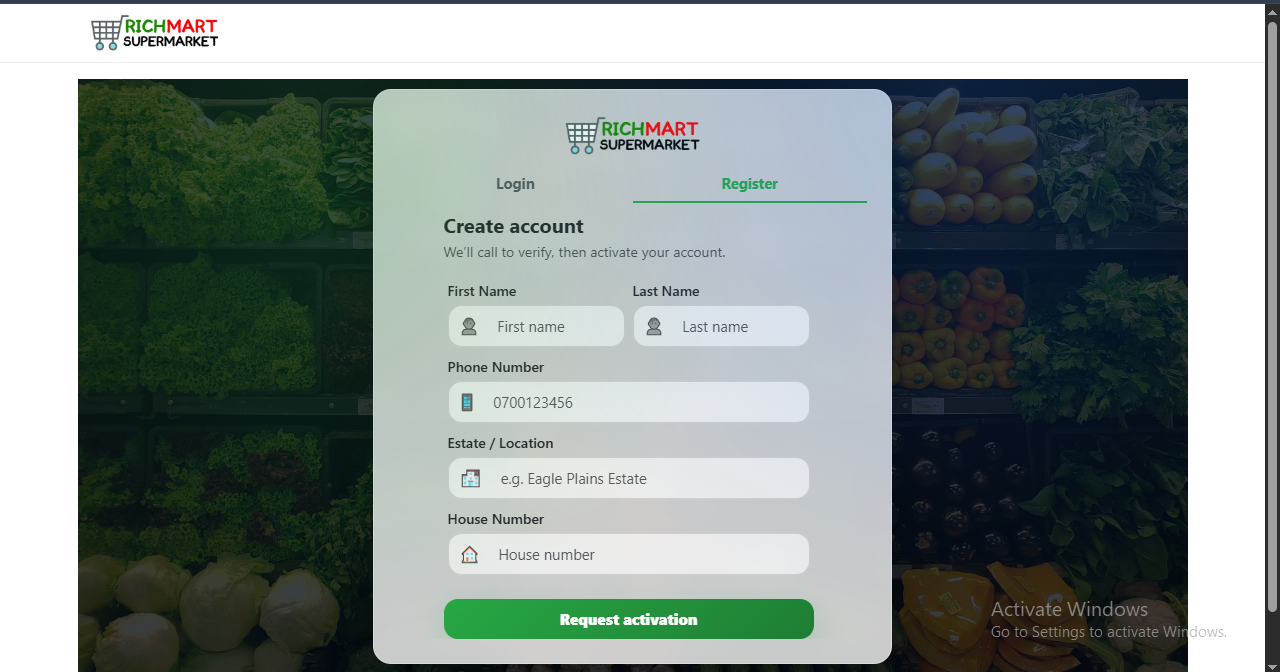 Richmart account registration form collecting phone number, estate, and house number