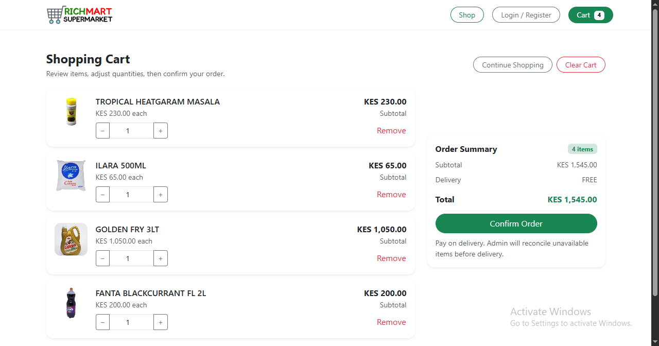 Richmart shopping cart and order summary noting that unavailable items are reconciled before delivery