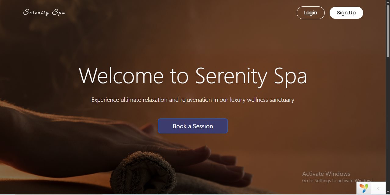 Serenity Spa homepage hero with a Book a Session call to action