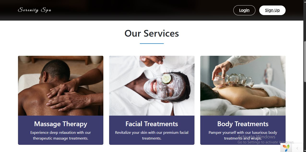 Serenity Spa services section listing Massage Therapy, Facial Treatments, and Body Treatments