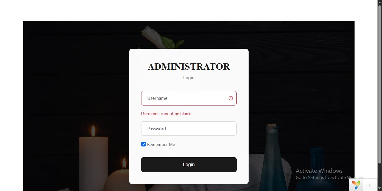 Administrator login form for the Serenity Spa booking platform