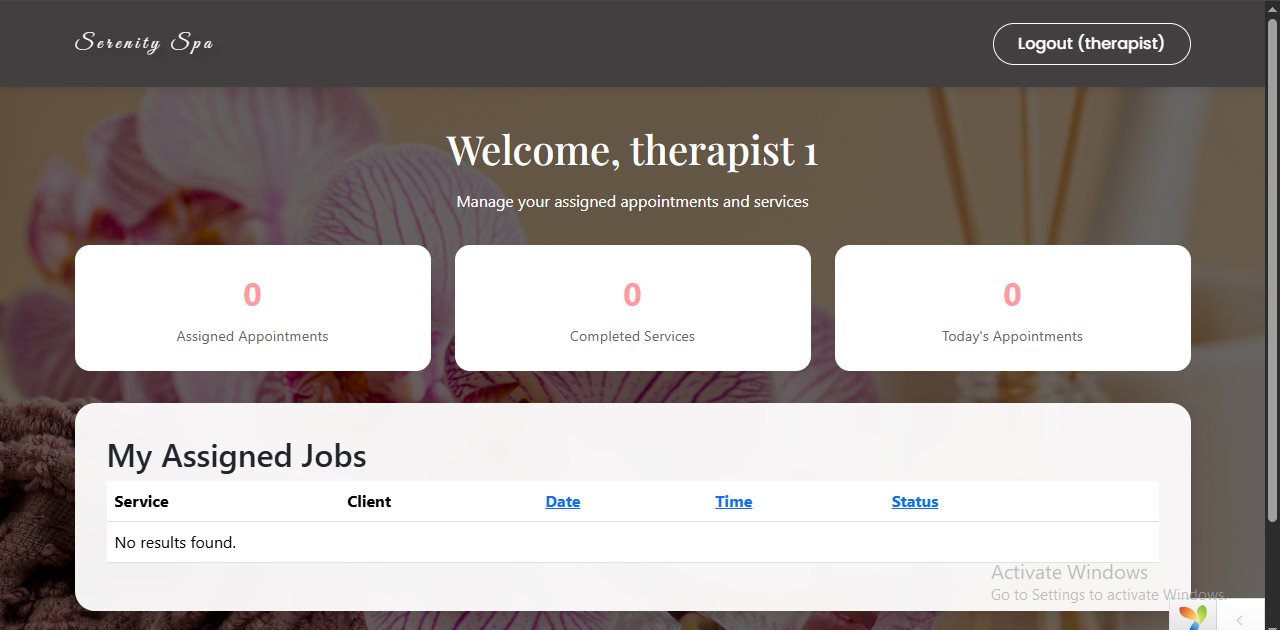Therapist dashboard showing assigned appointments and completed services