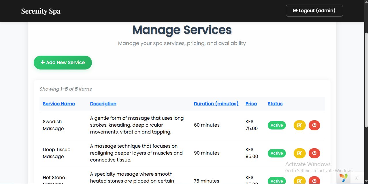 Admin service management table listing massage treatments with pricing and duration