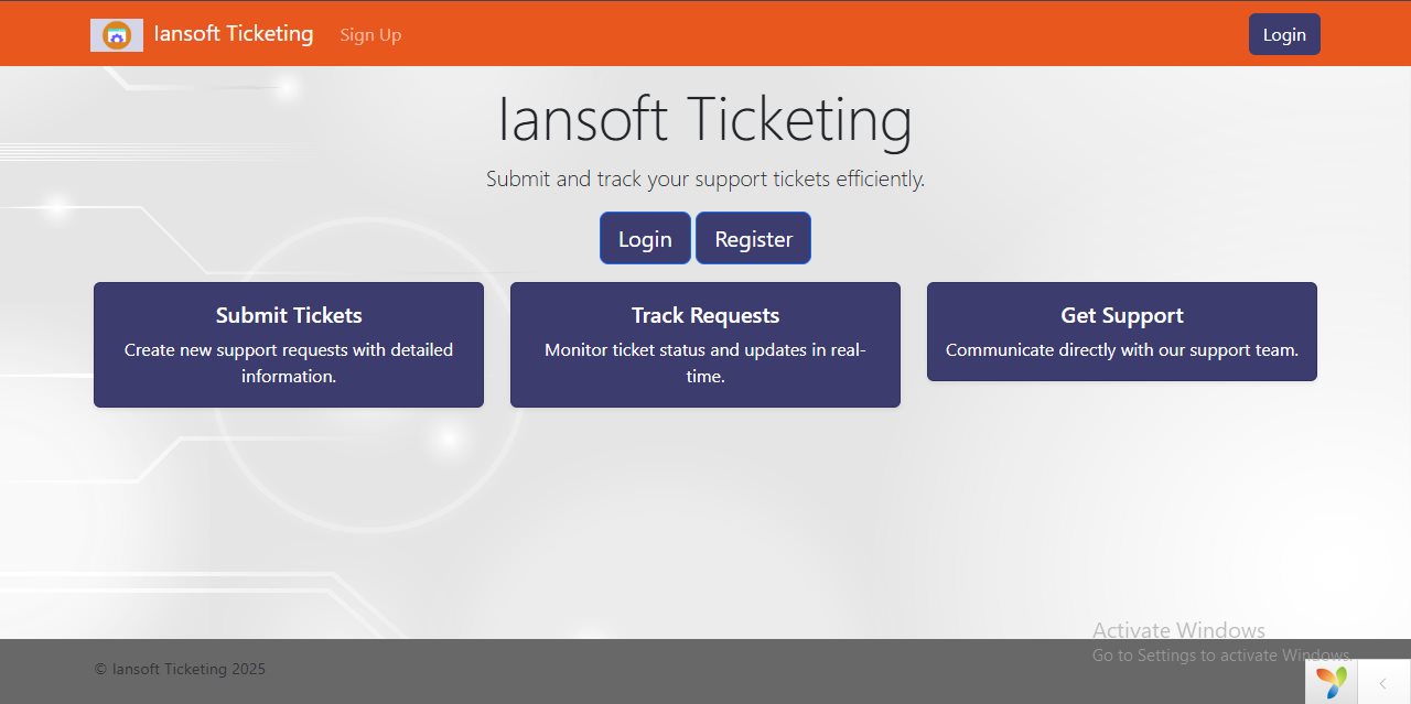 Iansoft Ticketing landing page with Submit Tickets, Track Requests, and Get Support options