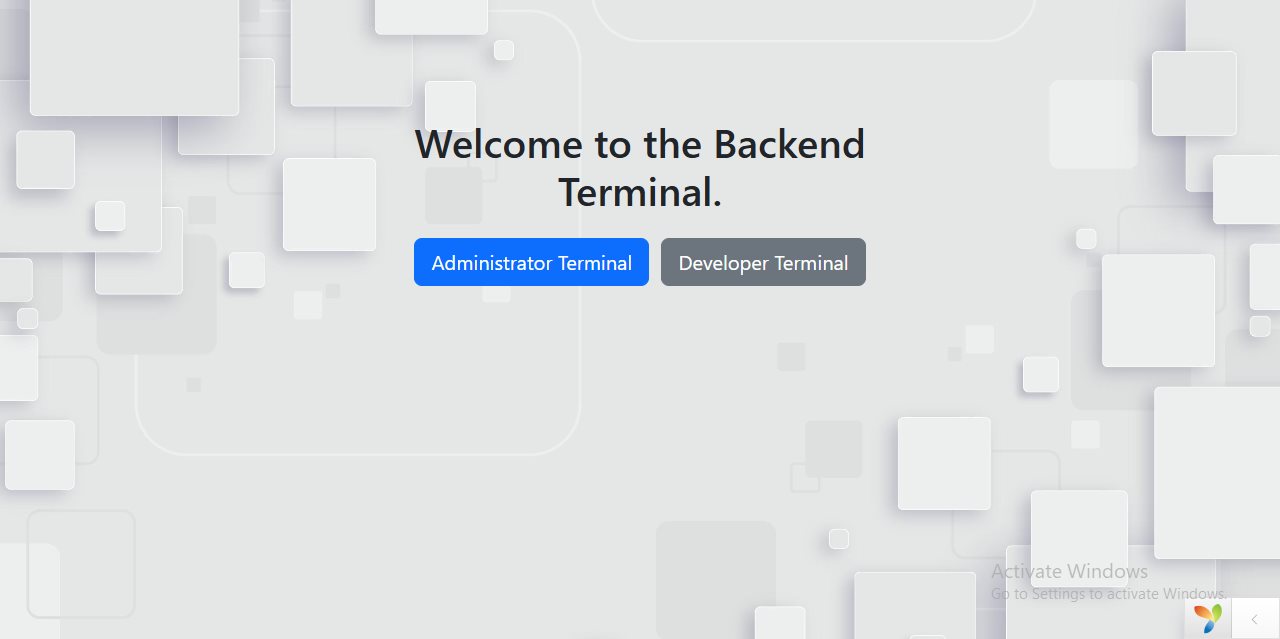 Backend terminal selection screen for Administrator and Developer roles