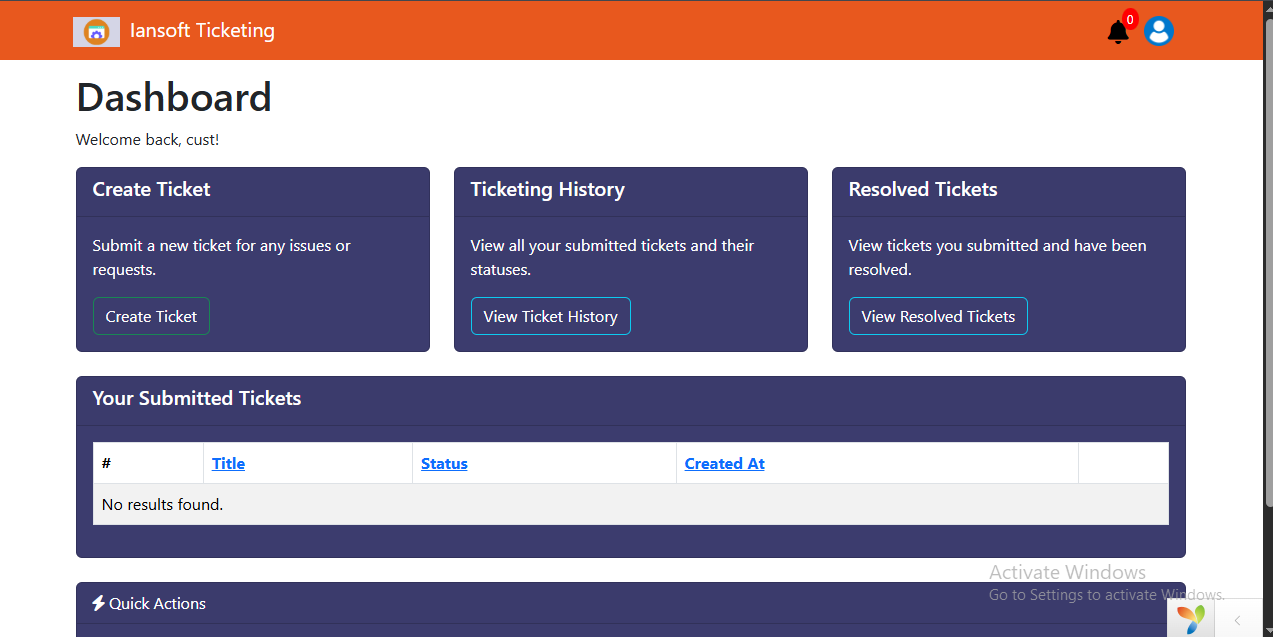 Customer dashboard showing ticket creation, ticket history, and resolved tickets