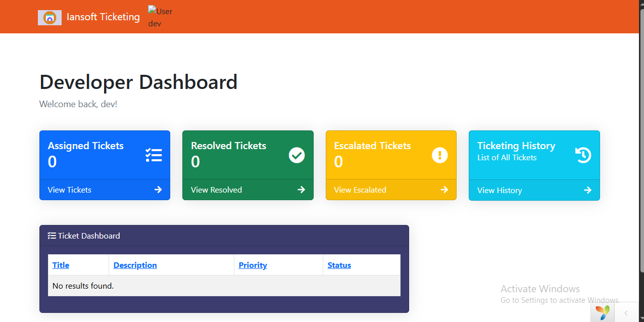 Developer dashboard showing assigned, resolved, and escalated ticket counts with a ticket list
